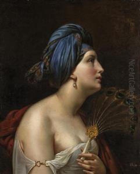 Femme Au Turban Et A L'eventail En Plumes De Paon Oil Painting by Etienne Raffort