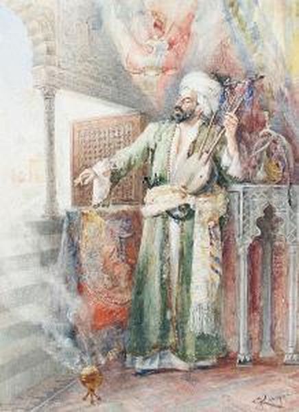 The Arab Musician Oil Painting by E. Raggi