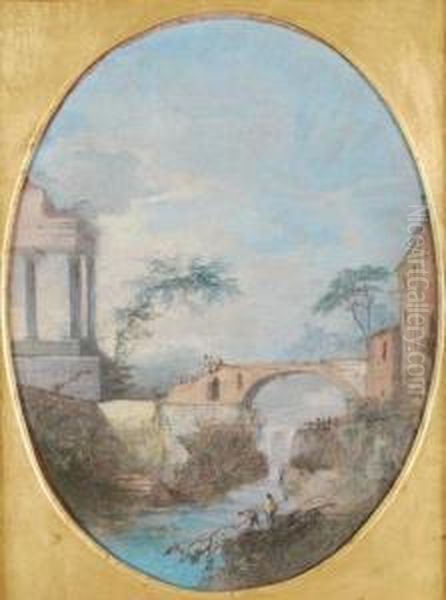 Capriccio With Elegant Figuresbefore A Waterfall Figures Crossing A Bridge Oil Painting by Maria Luigia Raggi