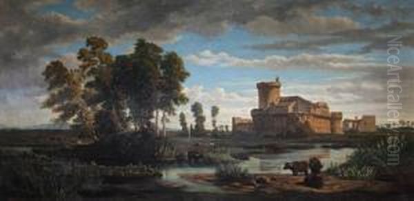 Palude Con Bufale E La Veduta Del Castello Di Ostia Antica Oil Painting by Giuseppe Raggio