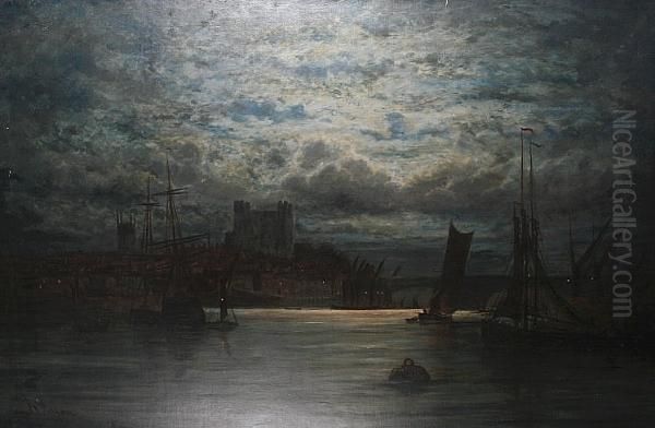 Thames View, With Rochester Castle In The Distance Oil Painting by Adolphe Ragon