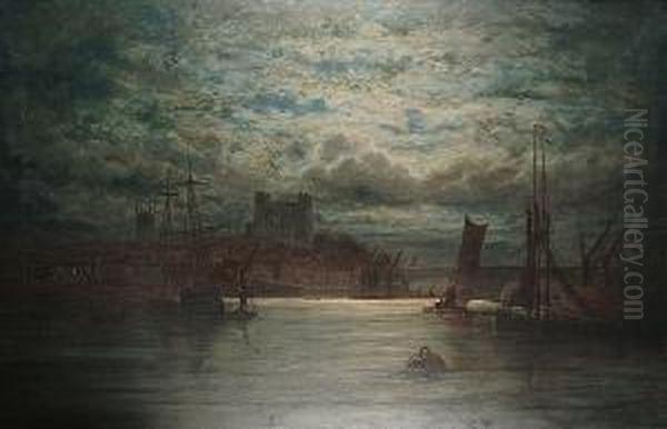 Rochester Castle By Moonlight Oil Painting by Adolphe Ragon