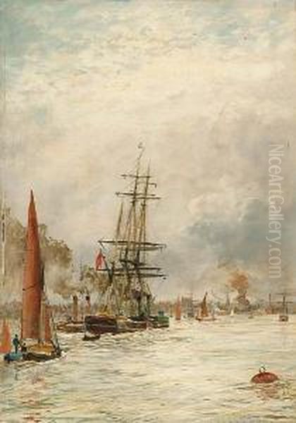 Shipping In A Harbour Oil Painting by Adolphe Ragon