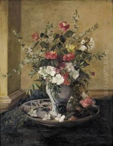 Blumenstillleben Mit Porzellanvase Und Teller. Oil Painting by Jules Felix Ragot