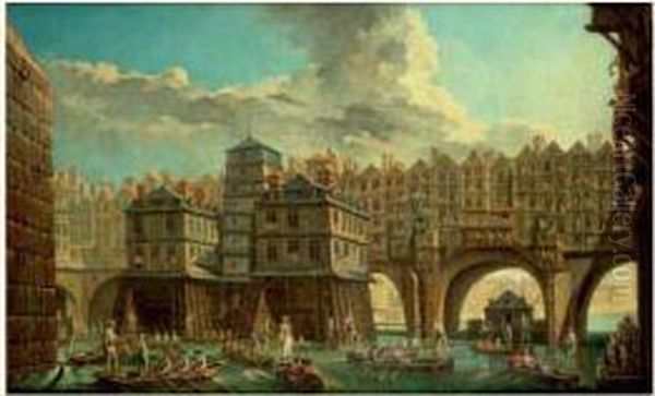 La Joute Des Mariniers Entre Le Pont Notre-dame Et Le Pont Au Change Oil Painting by Nicolas Jean-Bapt. Raguenet