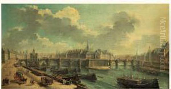 Vue Du Pont Neuf Avec La Samaritaine, Et L'ile De La Cite Oil Painting by Nicolas Jean-Bapt. Raguenet