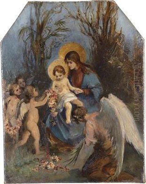 A Floral Wreath For The Baby Jesus Oil Painting by Carl Rahl