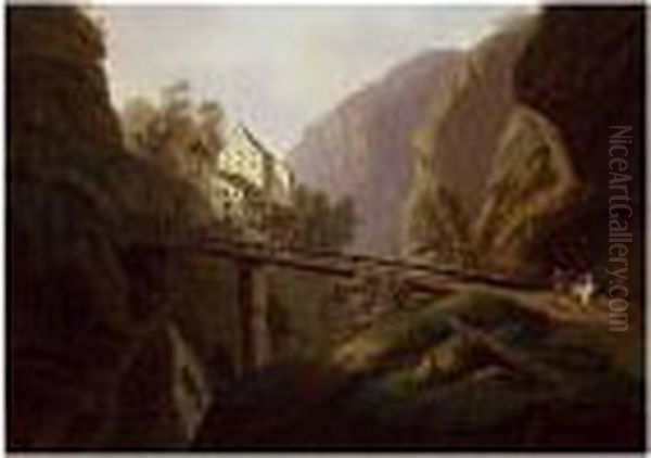 A Mountainous Landscape With A Bridge Crossing A Ravine Oil Painting by Johann Caspar Rahn