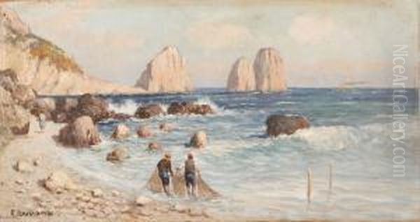 Paesaggio Di Mare Con Coppia Di Pescatori Oil Painting by Edoardo Raimondi