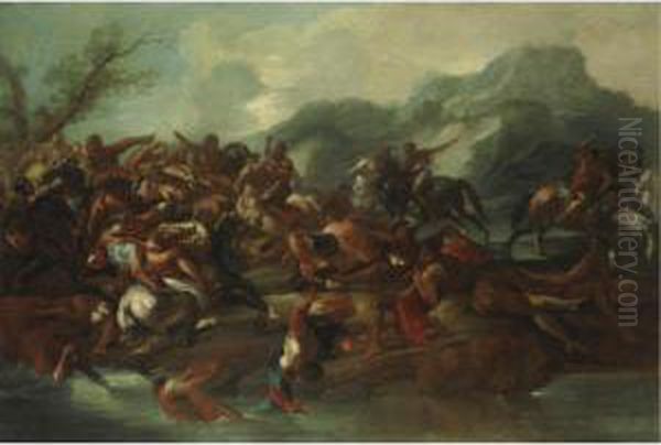 Scena Di Battaglia Lungo Un Fiume Oil Painting by Francesco Maria Raineri Il Schivenoglia