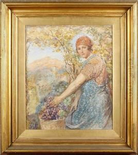 Study Of A Girl Picking Grapes Oil Painting by William Rainey