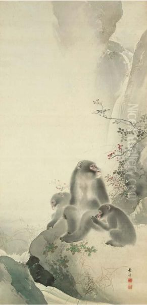 Three Monkeys On Bank By A Waterfall Oil Painting by Tanaka Raisho