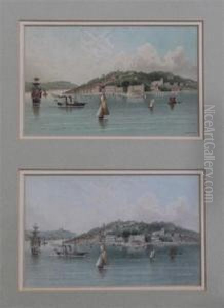 'east And West Cowes' And 'blackgang Chine', Postcard Designsfor Thomas Nelson And Sons, Framed With The Printed Cardsalongside Oil Painting by John Ramage