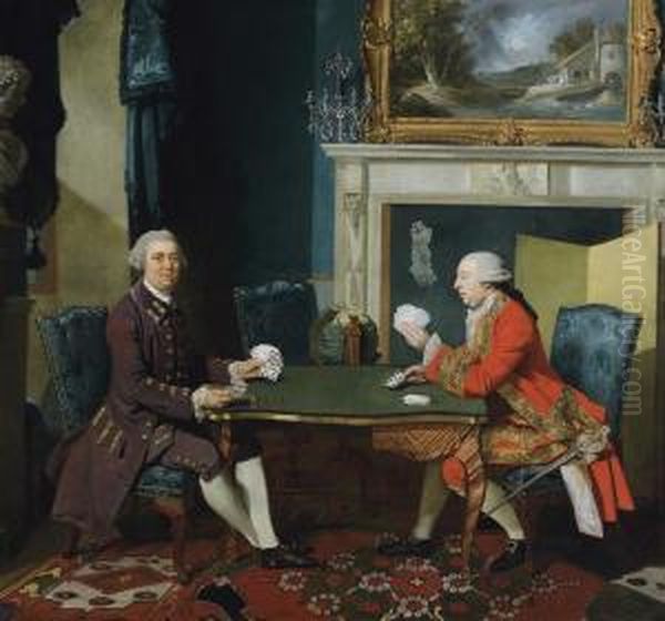 Double Portrait Of Two Gentlemen Playing Cards In An Interior Oil Painting by Johan Anton Alban Ramboux