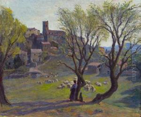 Bergere Et Ses Moutons Devant Un Village De L'aude Oil Painting by Jules Louis Rame