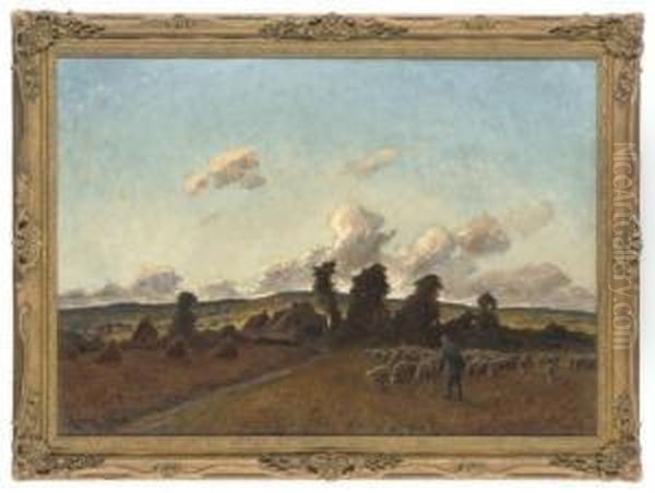 A Shepherd And His Flock In A Corn Field Oil Painting by Jules Louis Rame