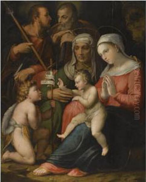 The Holy Family With Saint Anne And The Infant Saint John Thebaptist Oil Painting by Giovanni Battista Ii Ramenghi Il Bagnacavallo