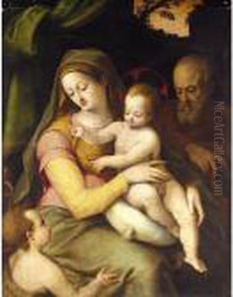 The Holy Family With The Infant Saint John The Baptist Oil Painting by Giovanni Battista Ii Ramenghi Il Bagnacavallo