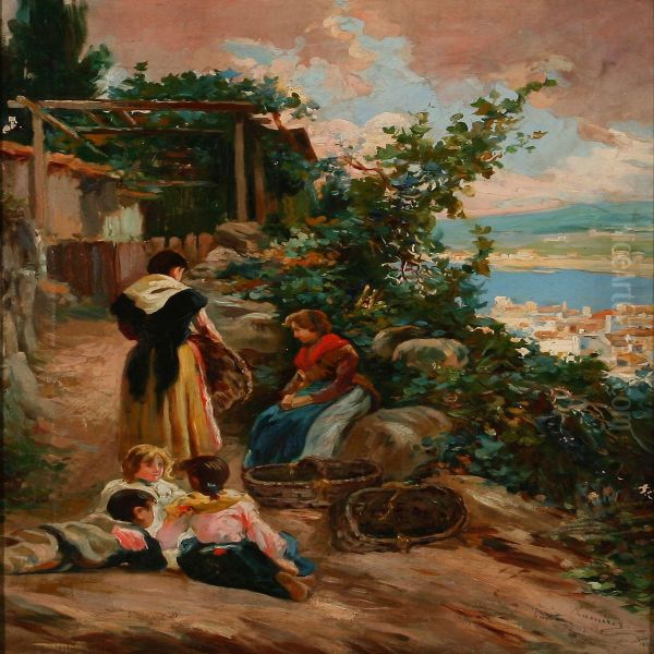 Women And Children On A Mountain Road Oil Painting by Arjona Ramirez