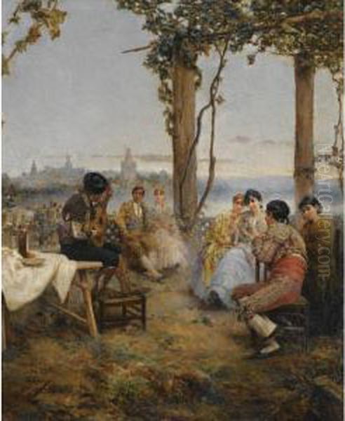 Cante Andaluz Con Sevilla Al Fondo (an Afternoon's Amusements, Seville) Oil Painting by Manuel Ramirez - Ibanez