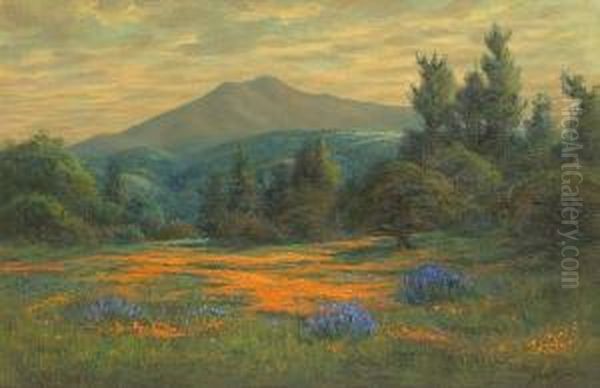 A Field Of Poppies And Lupine With Mt. Tamalpais In The Distance Oil Painting by John Henry Ramm