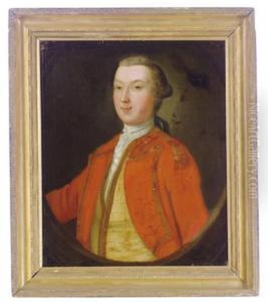 Portrait Of An Officer, Three-quarter Length In A Red Tunic, In Apainted Oval Oil Painting by Allan Ii Ramsay