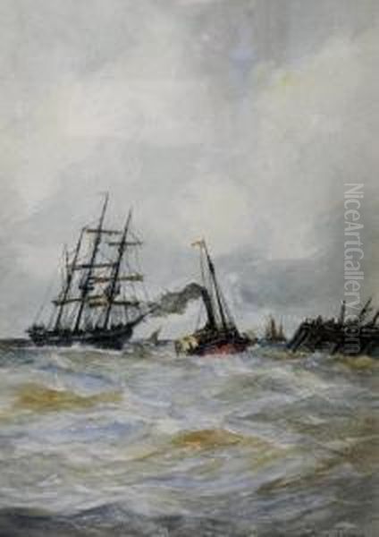 Sailing Boats And A Paddle Steamer Off A Jetty Oil Painting by Aubrey Ramus