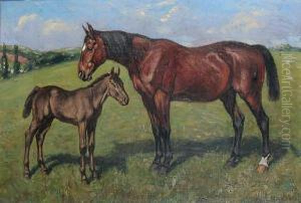 Mare And Foal In A Field Oil Painting by Maurice Randall