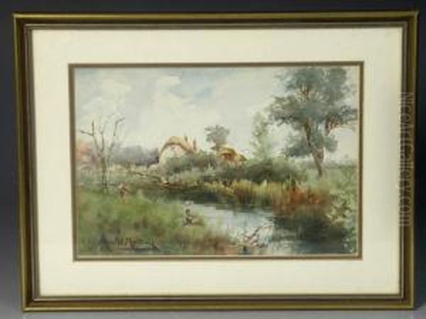 Maurice Randall - A Summer Riverscape With Afisherman In The Foreground And Cottages Beyond , Signed, Framedand Glazed, 7 Oil Painting by Maurice Randall