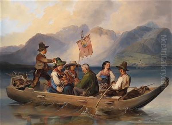 Crossing Wolfgangsee Oil Painting by Johann Matthias Ranftl