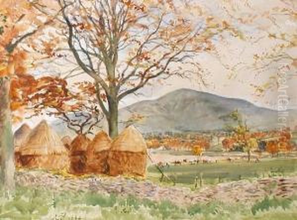 Landscape With Haystacks Oil Painting by William Bruce Ellis Ranken