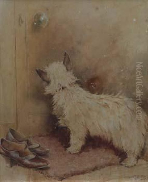 The First Foot'cairn Terrier Waiting At The Door Oil Painting by Andrew Scott Rankin