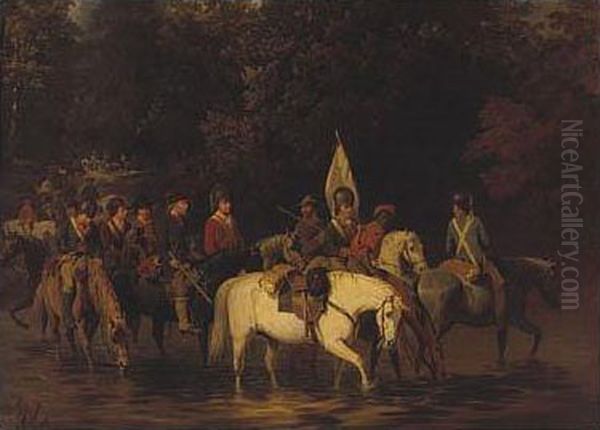 Revolutionary Militia Crossing A River Oil Painting by William Tylee Ranney