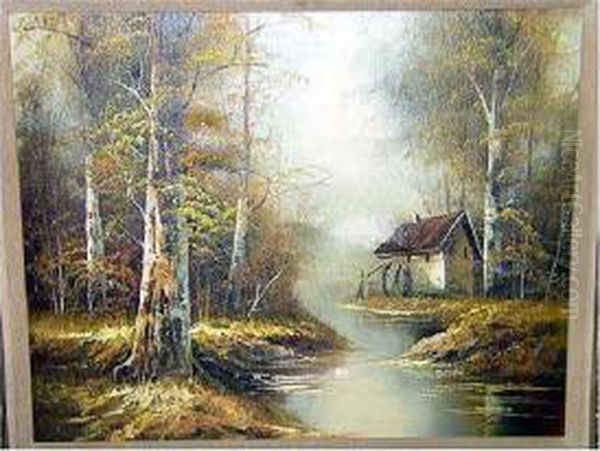 River Landscape With Watermill Oil Painting by Fletcher C. Ransom