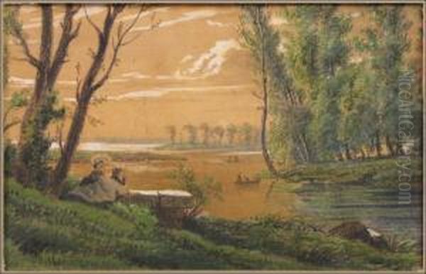 Fishing Along The River Oil Painting by Charles Ransonnette