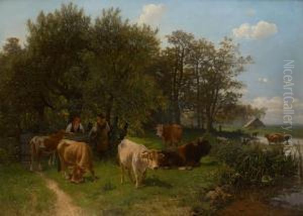 Conversation De Bergeres Dans Un 
 Paysage Ensoleille Oil Painting by Gustav Ranzoni