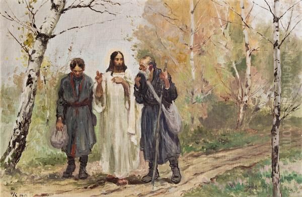 Gang Nach Emmaus Oil Painting by Jozef Rapacki