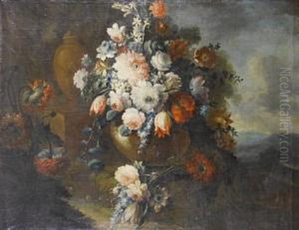 A Still Life Of Roses, Tulips, Carnations And Other Flowers In A Stone Vase, Beside Another Vase In A Landscape Oil Painting by Michele Antonio Rapous