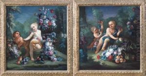 Composizione Di Fiori E Putti Entro Paesaggio Oil Painting by Michele Antonio Rapous