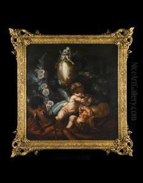 Gioco Di Putti ? Entro Paesaggio Con Fiori E Vaso Cimato Dalla Figura Di Diana Cacciatrice Oil Painting by Vittorio Amedeo Rapous