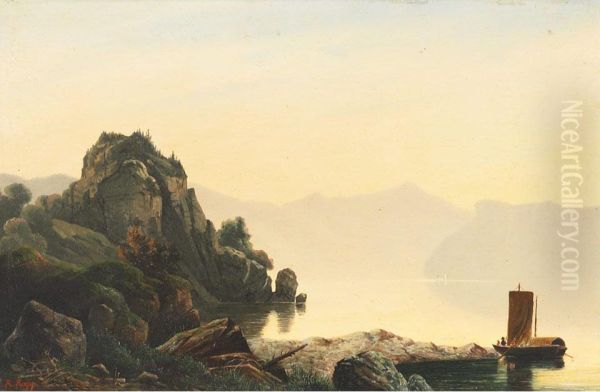 Misty Lake Scene With Boaters, North Italy Oil Painting by Johann Rudolf Rapp