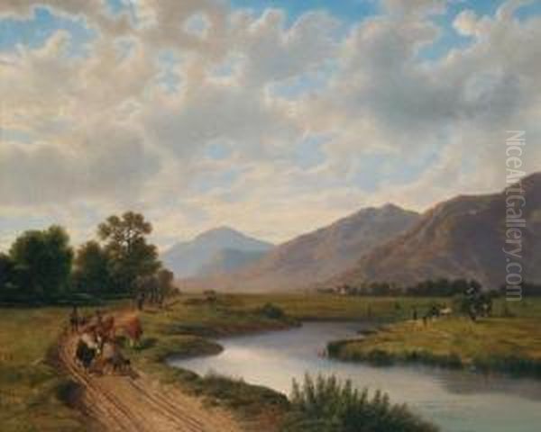 Idyllic Landscape In The Foothills Of The Alps Oil Painting by Johann Rudolf Rapp