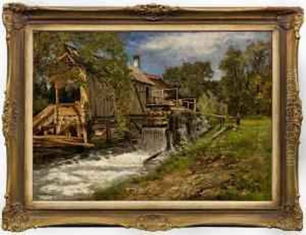 Sommerlandschaft Mitalter Wassermuhle Am Bach Oil Painting by Henry Raschen