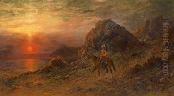 Indian Chief At Sunset Oil Painting by Henry Raschen