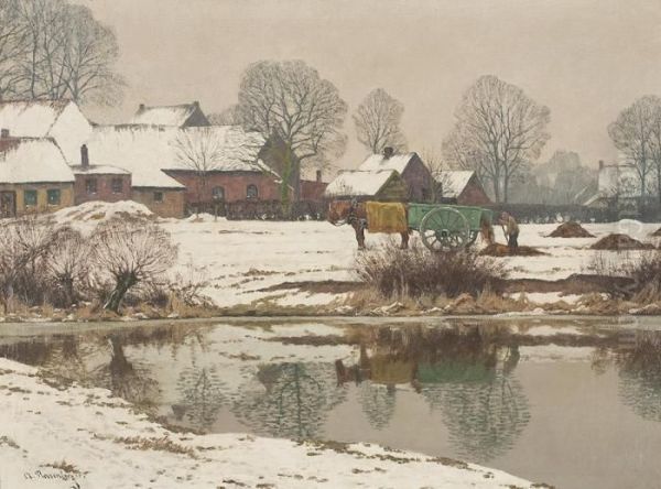 Winterlich Verschneitesgehoft Am Niederrhein Mit Bauer Auf Dem Feld Oil Painting by Alfred Rasenberger