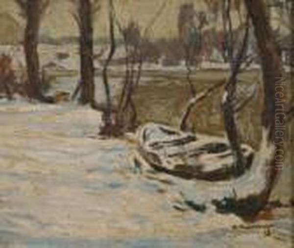 Winterliche Flusslandschaft Mit Kahn Oil Painting by Alfred Rasenberger