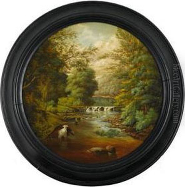 Landscape Of Forest Interior With Stream And Cattle Oil Painting by J. Heyl Raser