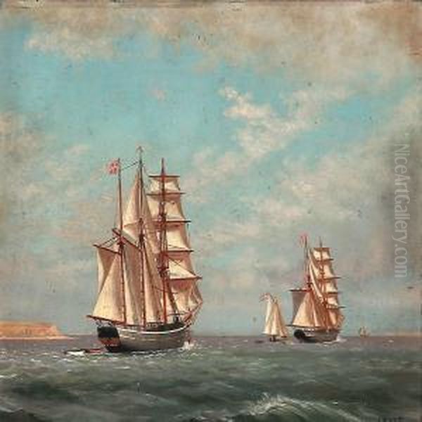 Seascape With Two Brigantines Near A Coast Oil Painting by J.E. Carl Rasmussen