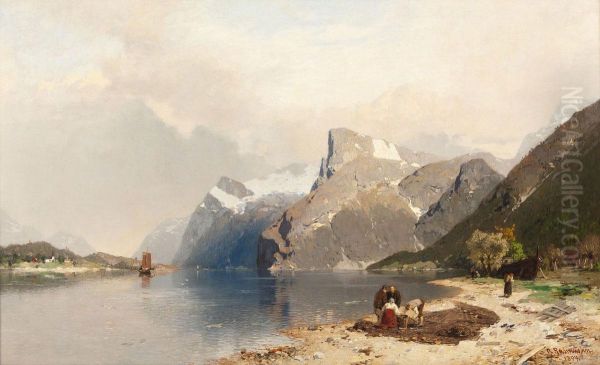 Fischer In Fjordlandschaft Oil Painting by Georg Anton Rasmussen