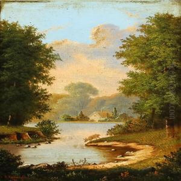 Lake With A Drinking Dear Oil Painting by R.C. Rasmussen